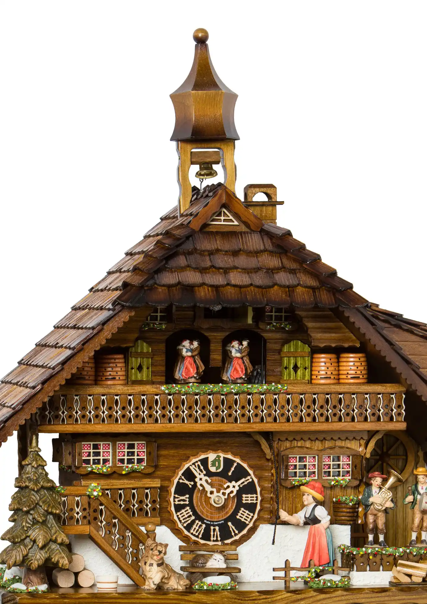 Cuckoo Clock Party Bell Ringer 8 Day Movement with Music (2) In this mechanical 8 day cuckoo clock, we see a Black Forest lady wearing traditional dress and "Bollenhut", ringing a bell, calling her neighbors to join her and the Black Forest band at an evening party. Every time cuckoo strikes the Black Forest lady i