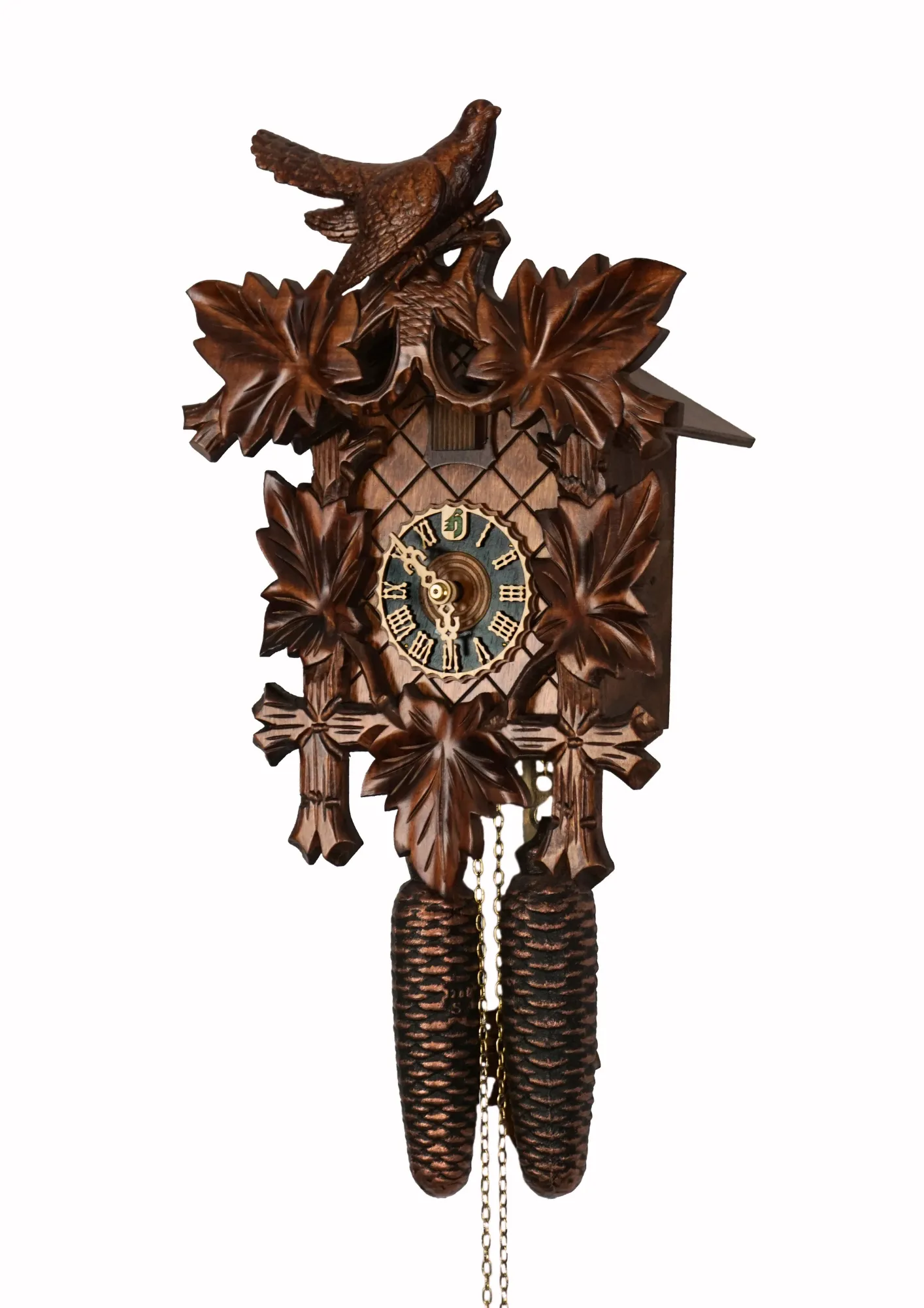 Cuckoo Clock Traditional, Bird on Top 8 Day Movement (2) Traditional brown mechanical black forest cuckoo clock decorated with wine leave and very precisely carved cuckoo bird, made by Hönes