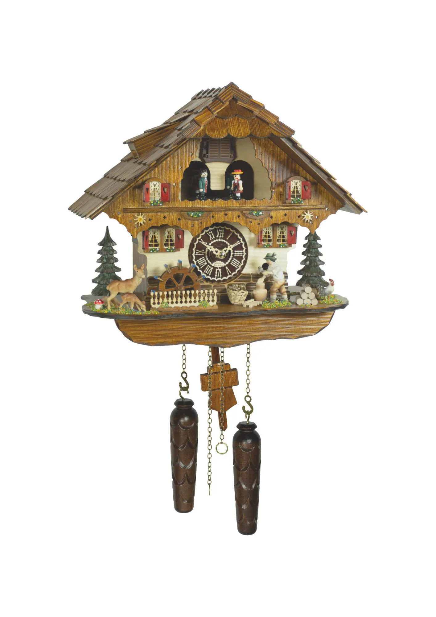 Black forest cuckoo clock in chalet style with wood chopper water wheel dancers and music made by Trenkle Uhren