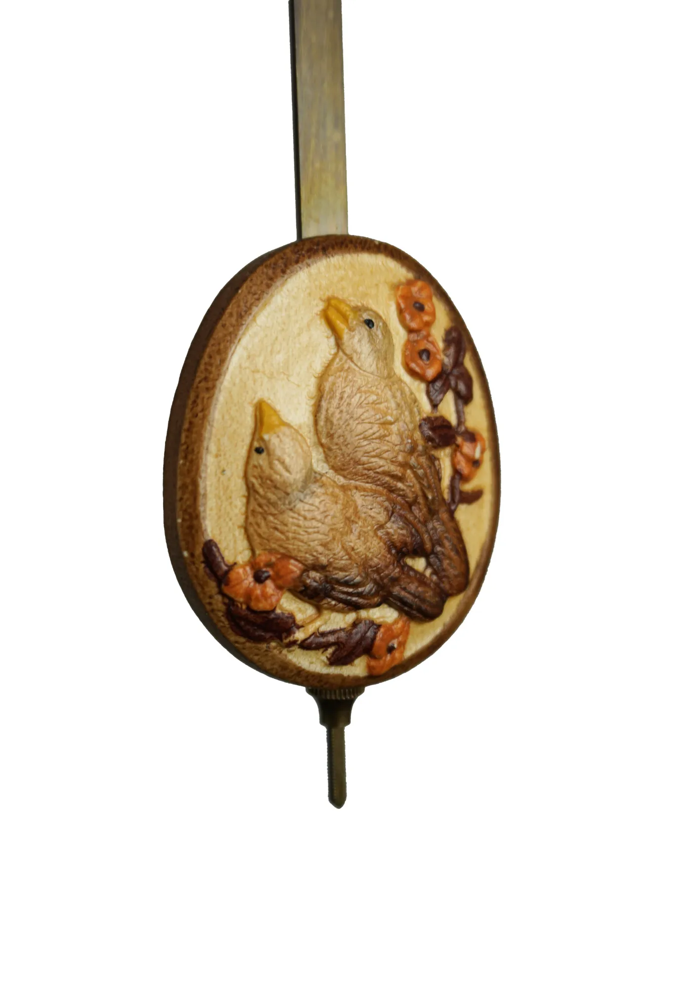 Chalet authentic black forest cuckoo clock with a bell ringer lady wearing traditional black forest dress and the red bolenhut, which means she is single lady. Black bolenhut represent married ladies. Colorful made by Hönes