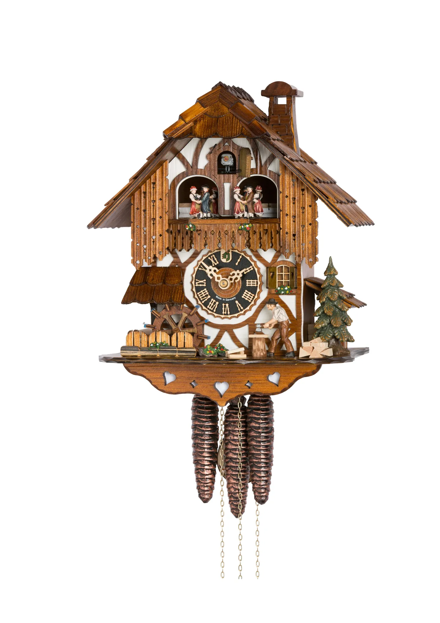 Cuckoo Clock White House Wood Chopper 1 Day Movement with Music (1) Authentic mechanical black forest cuckoo clock with a wood chopper chopping wood in front of the white black forest house, water wheel and dancers turn as the music plays made by Hönes