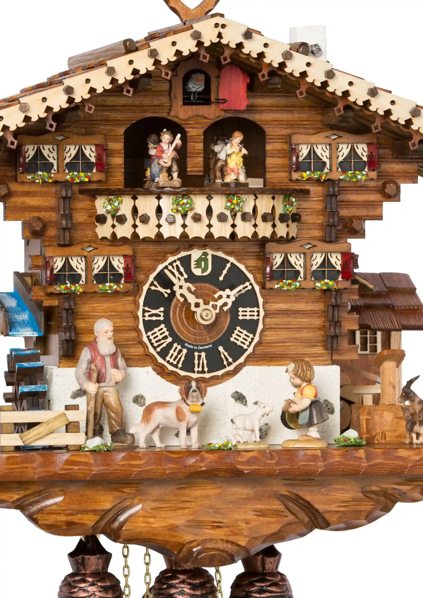 Cuckoo Clock Black Forest Farm 8 Day Movement with Music (2) This authentic mechanical cuckoo clock is showing a pretty scene of a farm in the Black Forest, with animals bounding up and down around a girl and her grandfather. Dancers dance, water wheel turns and the little girl is feeding the goats as the music pla