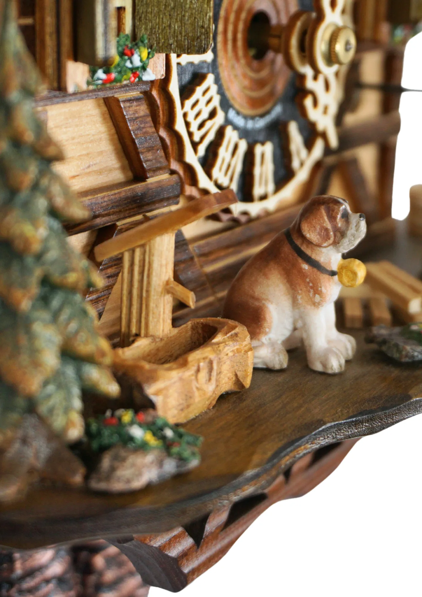 One day clockwork cuckoo clock in Chalet style depicting walk throught the Black Forest made by Hönes