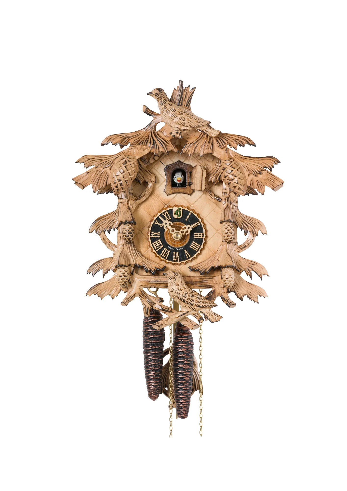 Cuckoo Clock | Natural Color Wood | 1 Day Movement Small mechanical traditional natural color wood black forest cuckoo clock with branches of the pine three and the birds representing the wildlife in the Black Forest