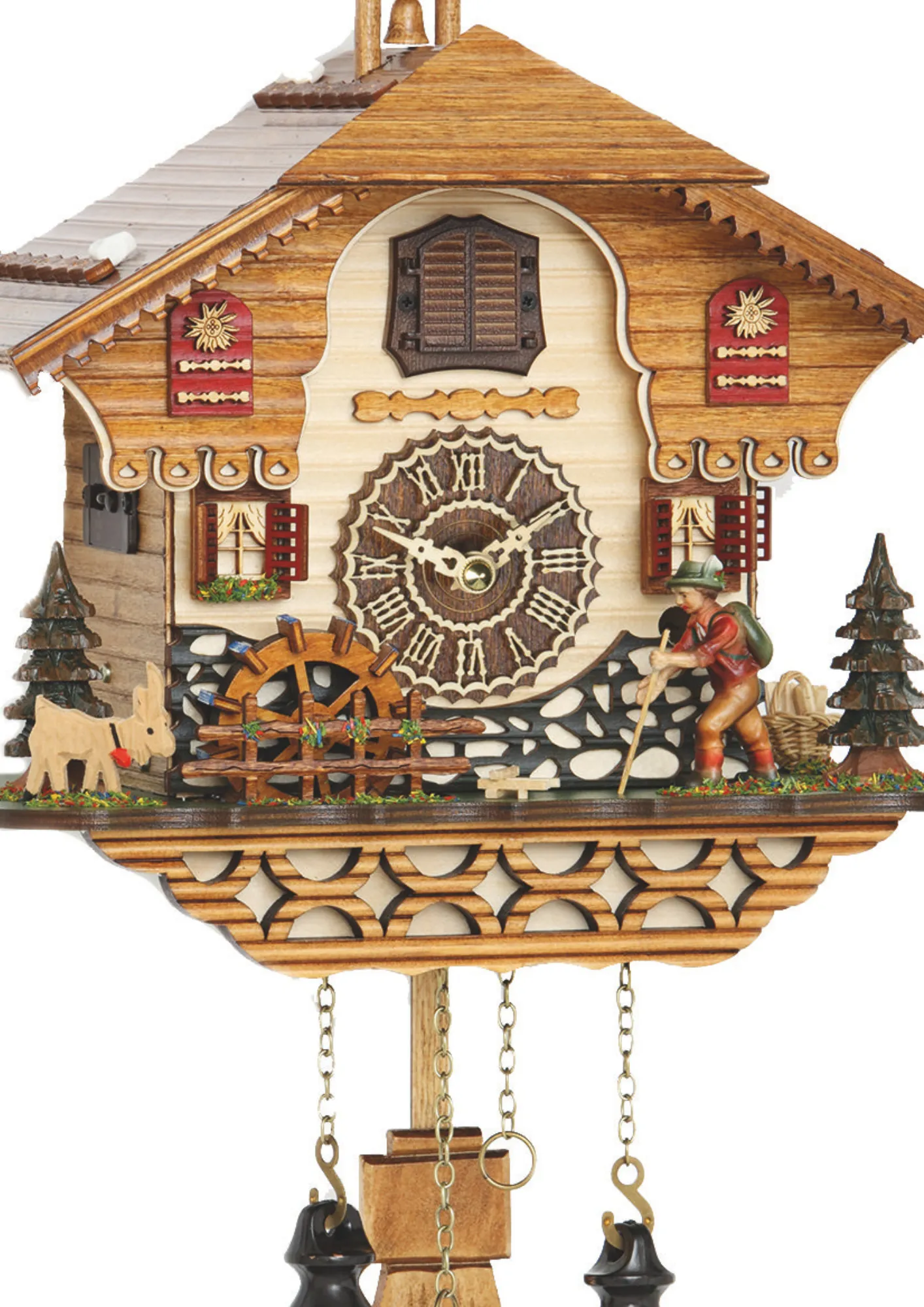 Black Forest cuckoo clock with the mountain hiker moving his stick as the music plays water wheel turns made by Trenkle Uhren