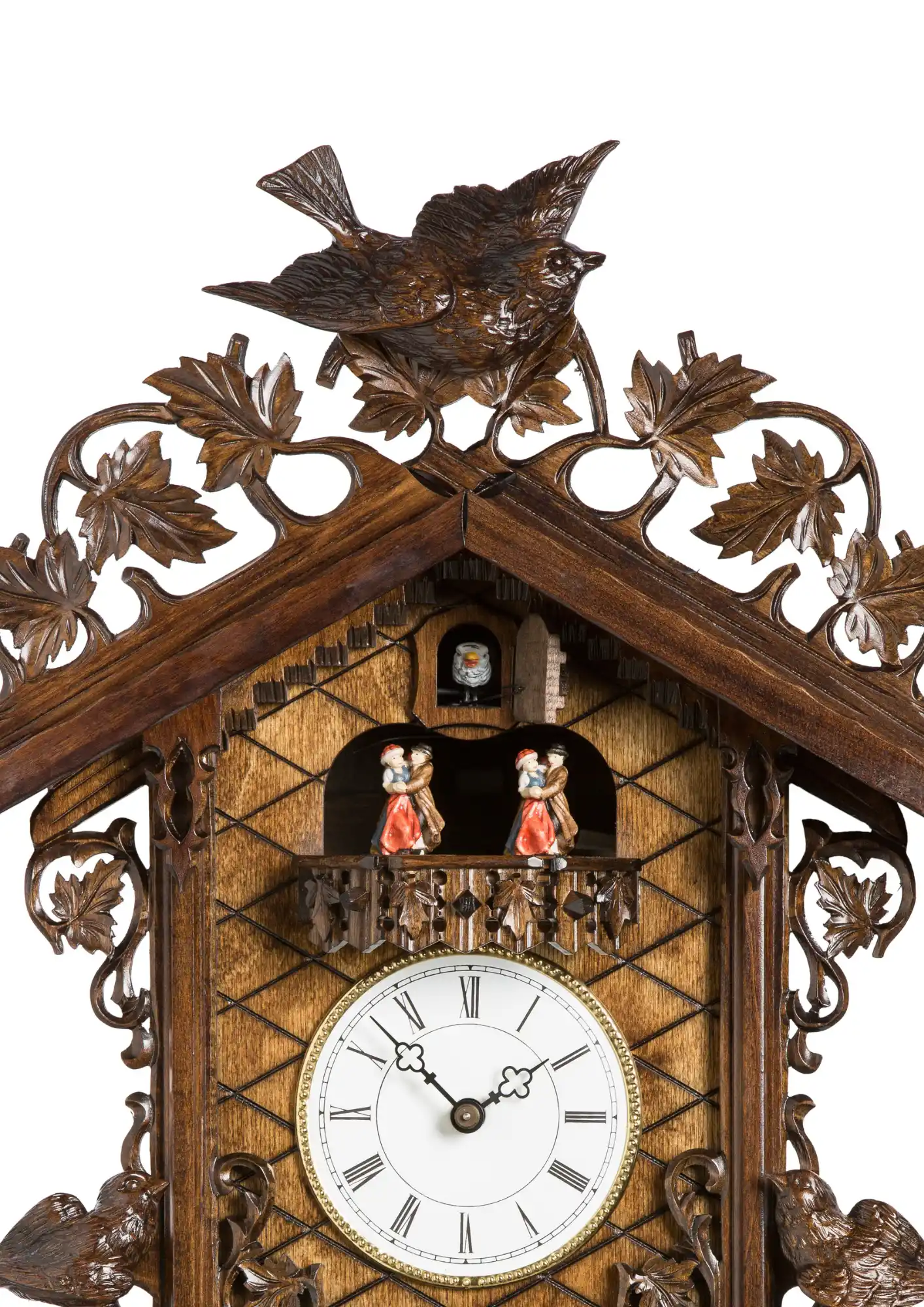Cuckoo Clock Railway Stop 8 Day Movement with Music (3) This lovely black forest mechanical brown cuckoo clock with white dial, reminiscent of a railway clock, is made to represent a train stop in the Black Forest. Dancers dance as the music is playing.
