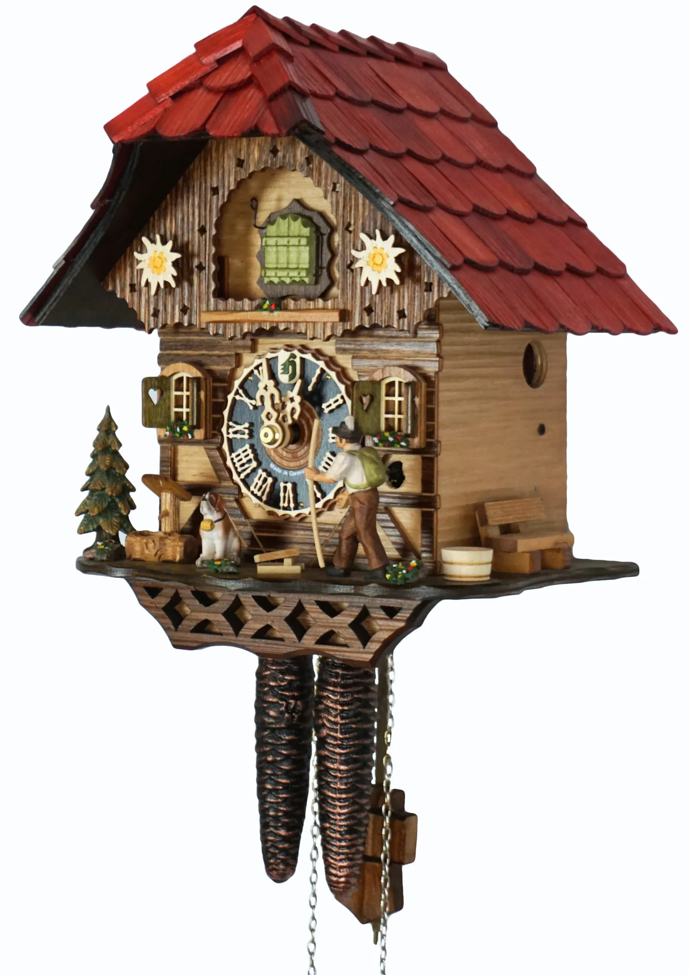 One day clockwork cuckoo clock in Chalet style depicting walk throught the Black Forest made by Hönes