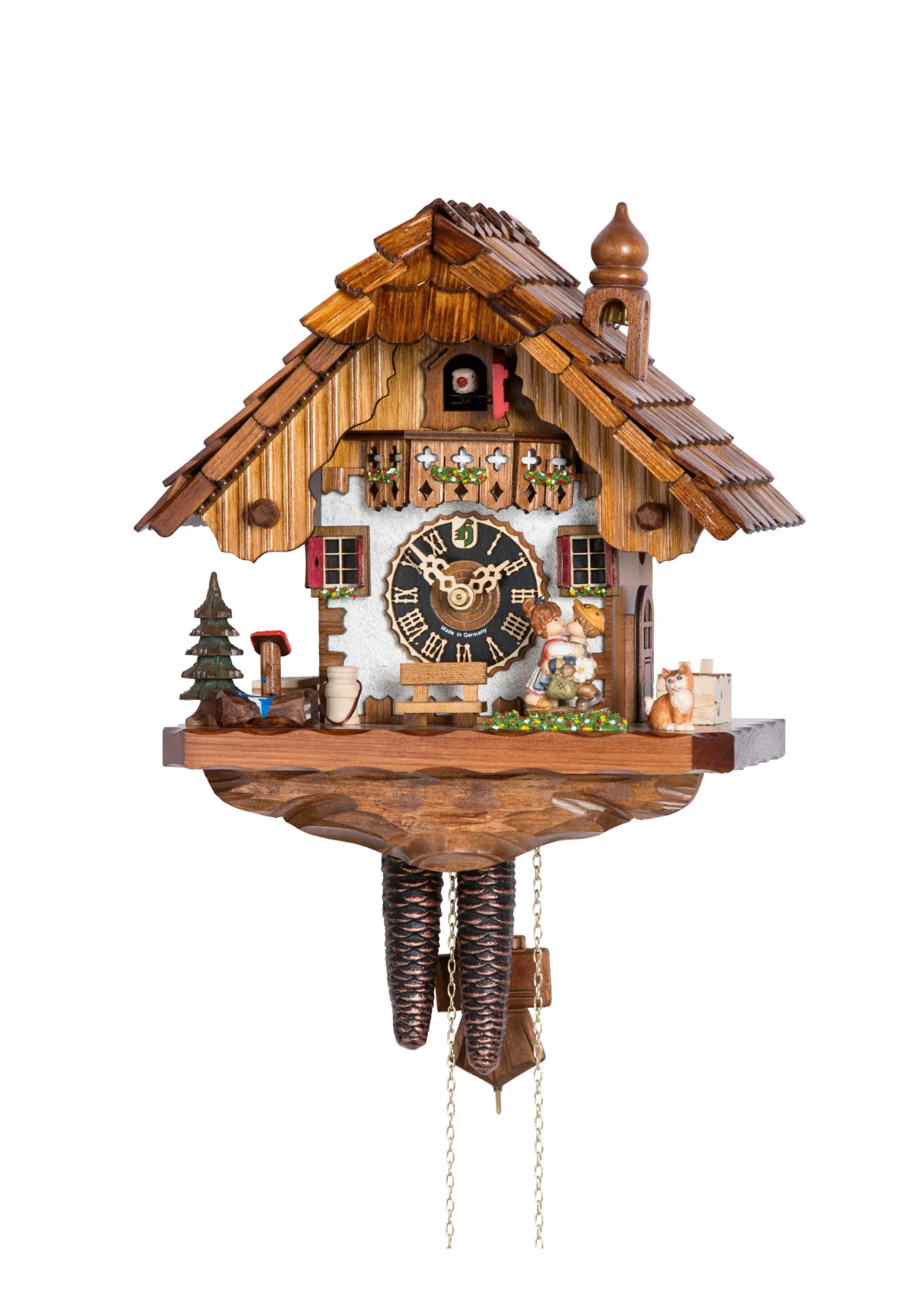 Cuckoo Clock Kissing Kids 1 Day Movement (1) This cute colorful mechanical cuckoo clock shows a lovely scene of a boy and girl kissing in front of the Black Forest chalet house. Shingle roof, tower bell, solid base and the kitty really show the attention to detail on this clock.