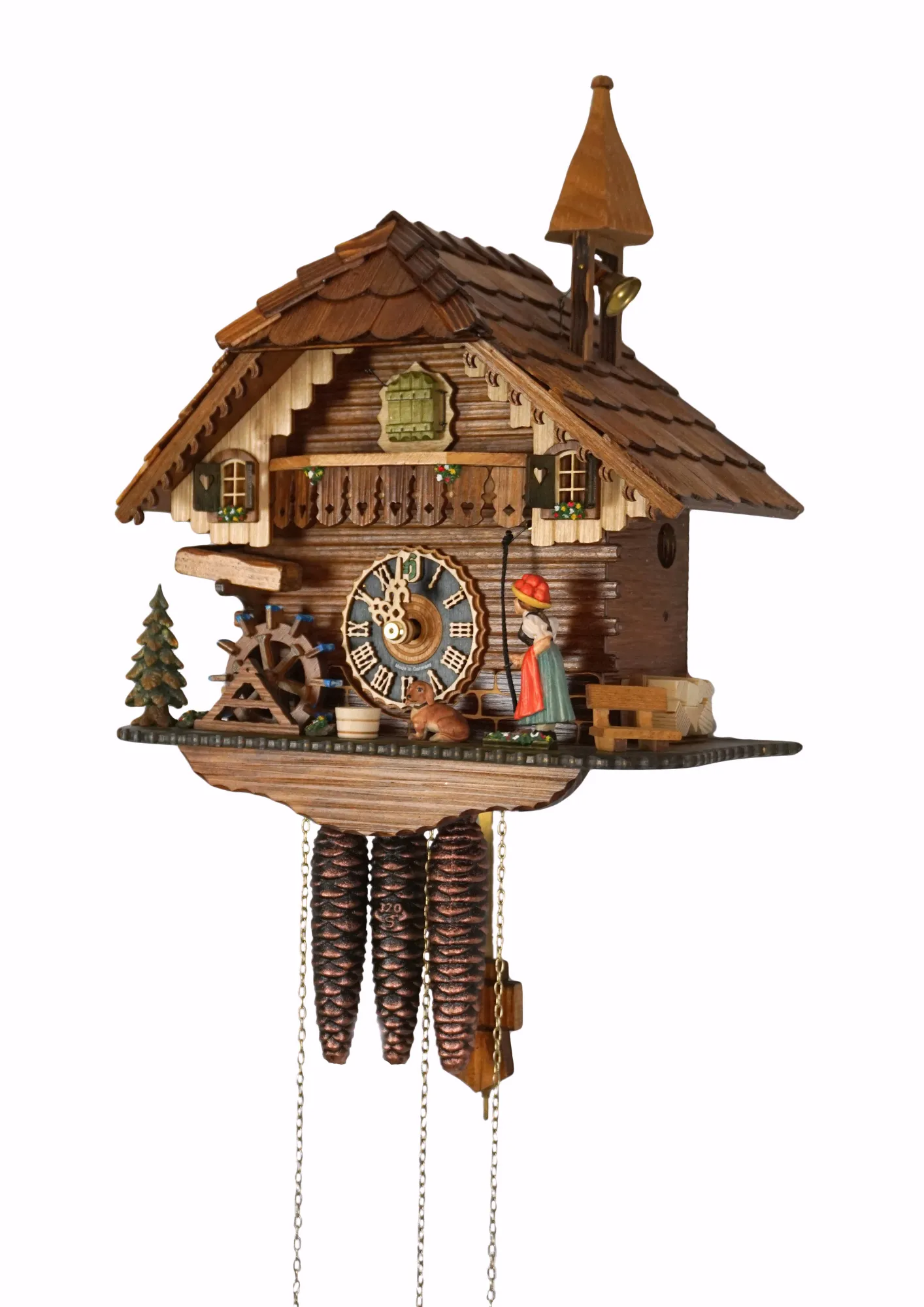 Cuckoo Clock Bell Ringer Small 1 Day Movement with Music (2) Chalet style authentic mechanical black forest cuckoo clock with shingle roof, church tower bell and black forest lady wearing traditional clothing, the lady rings the bell together with the cuckoo sound, music plays and water wheel turns. This clock has