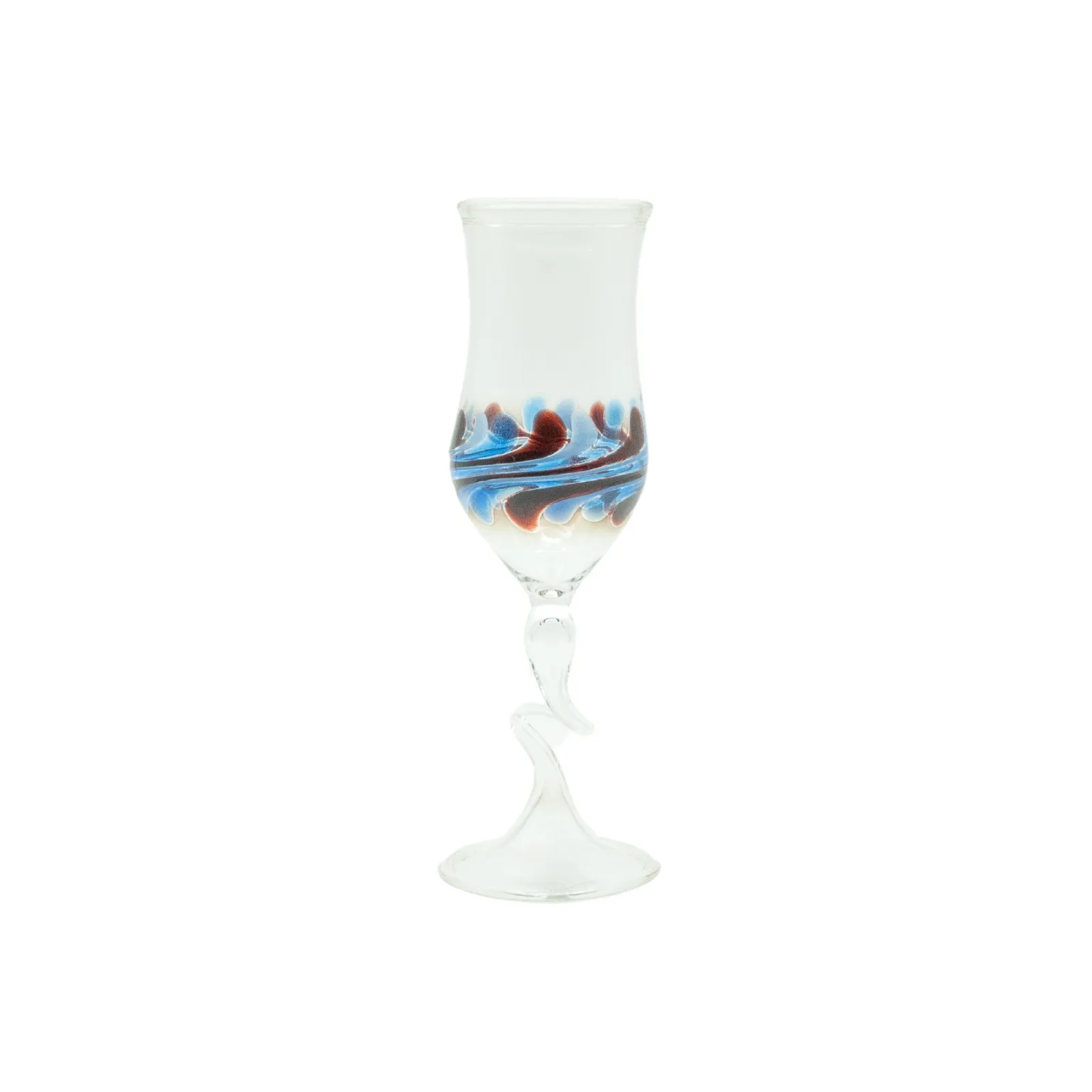 Artistic blue fine liqueur glass from the Ravenna set named after famous Ravenna Gorge, handmade by our glassblower in our very own glassmanufactory in the Black Forest Hofgut Sternen