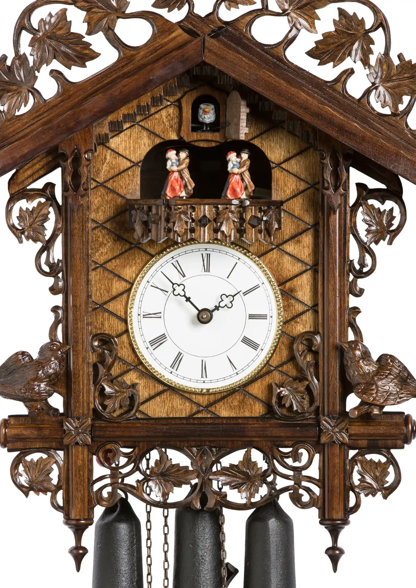 Cuckoo Clock Railway Stop 8 Day Movement with Music (2) This lovely black forest mechanical brown cuckoo clock with white dial, reminiscent of a railway clock, is made to represent a train stop in the Black Forest. Dancers dance as the music is playing.