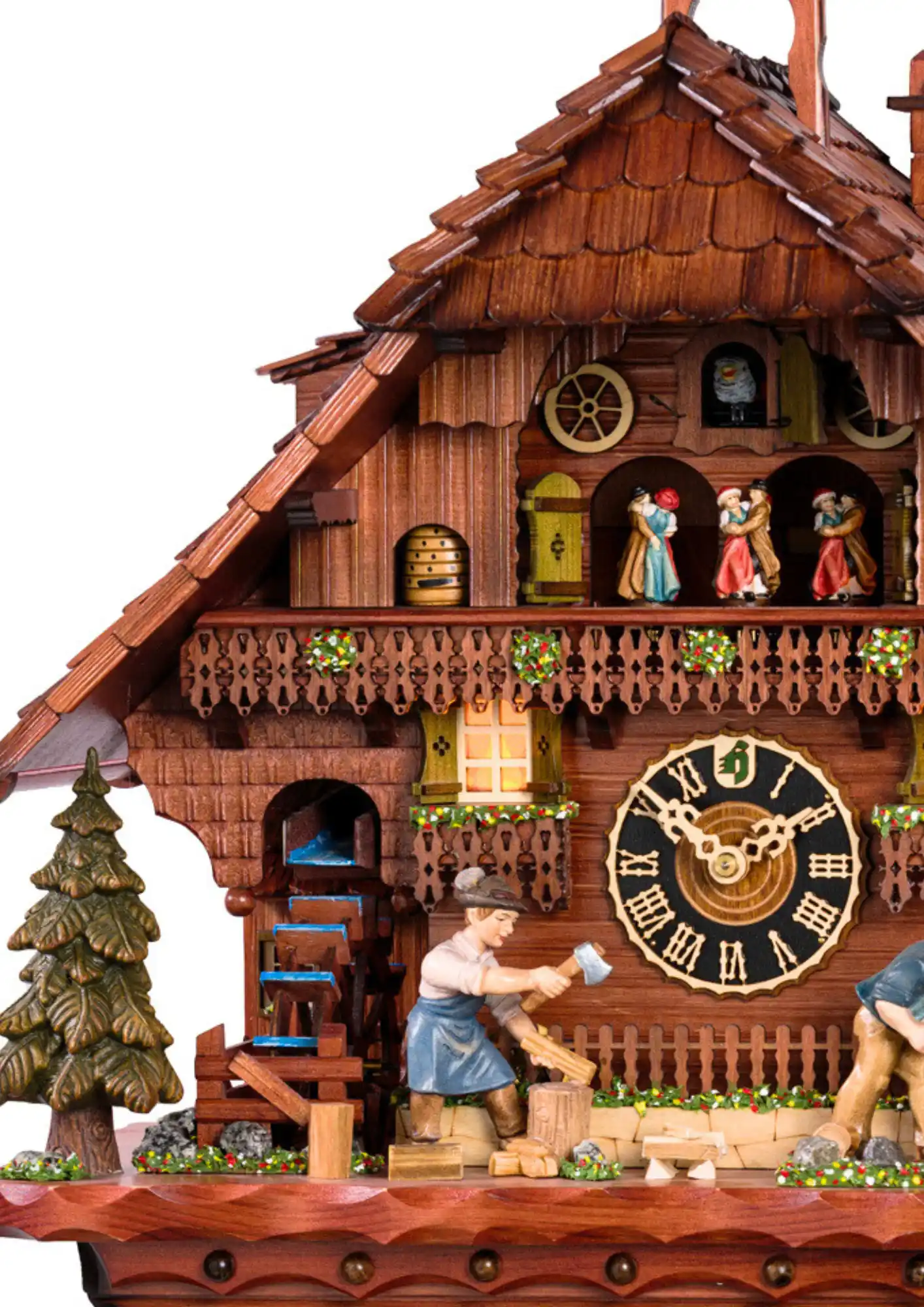 Cuckoo Clock Black Forest Woodworks 8 Day Movement with Music (3) This intricate mechanical 8 day cuckoo clock with a lots of movement, shows a group of men working hard at their Black Forest farm, preparing the wood for various items that are going to be made out of it. Black Forest is most known for its woodworks and