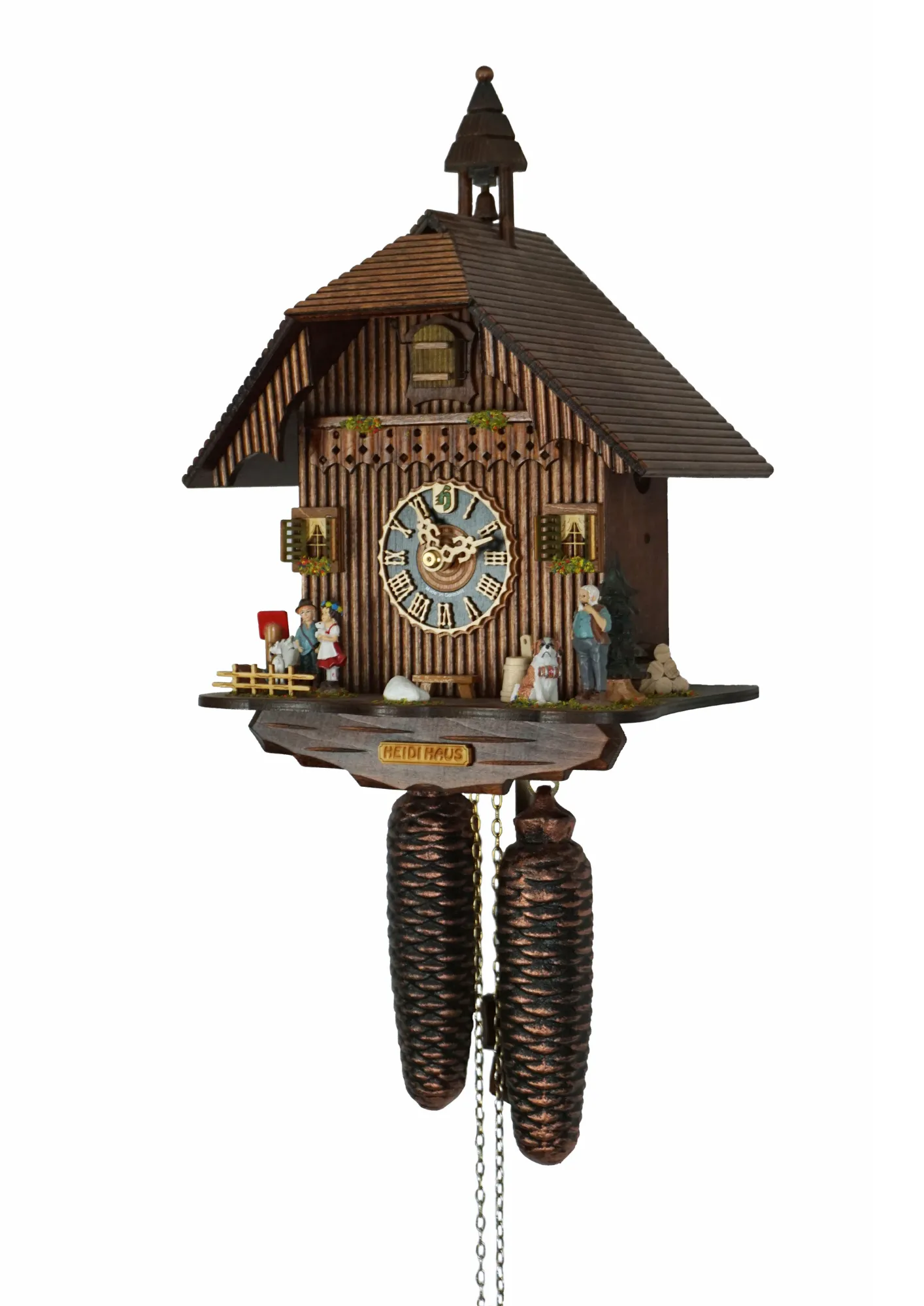 8 day mechanical black forest cuckoo clock in brown color with colorful figures from Heidi storyline, Heidi, grandpa and Peter are standing in front of the clock named Heidi House. Made by Hönes