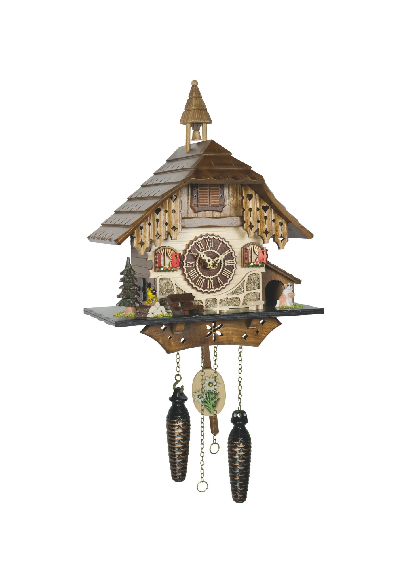 Chalet cuckoo clock shows a St. Bernard standing guard in front of his home in the mountains plays music made by Trenkle Uhren