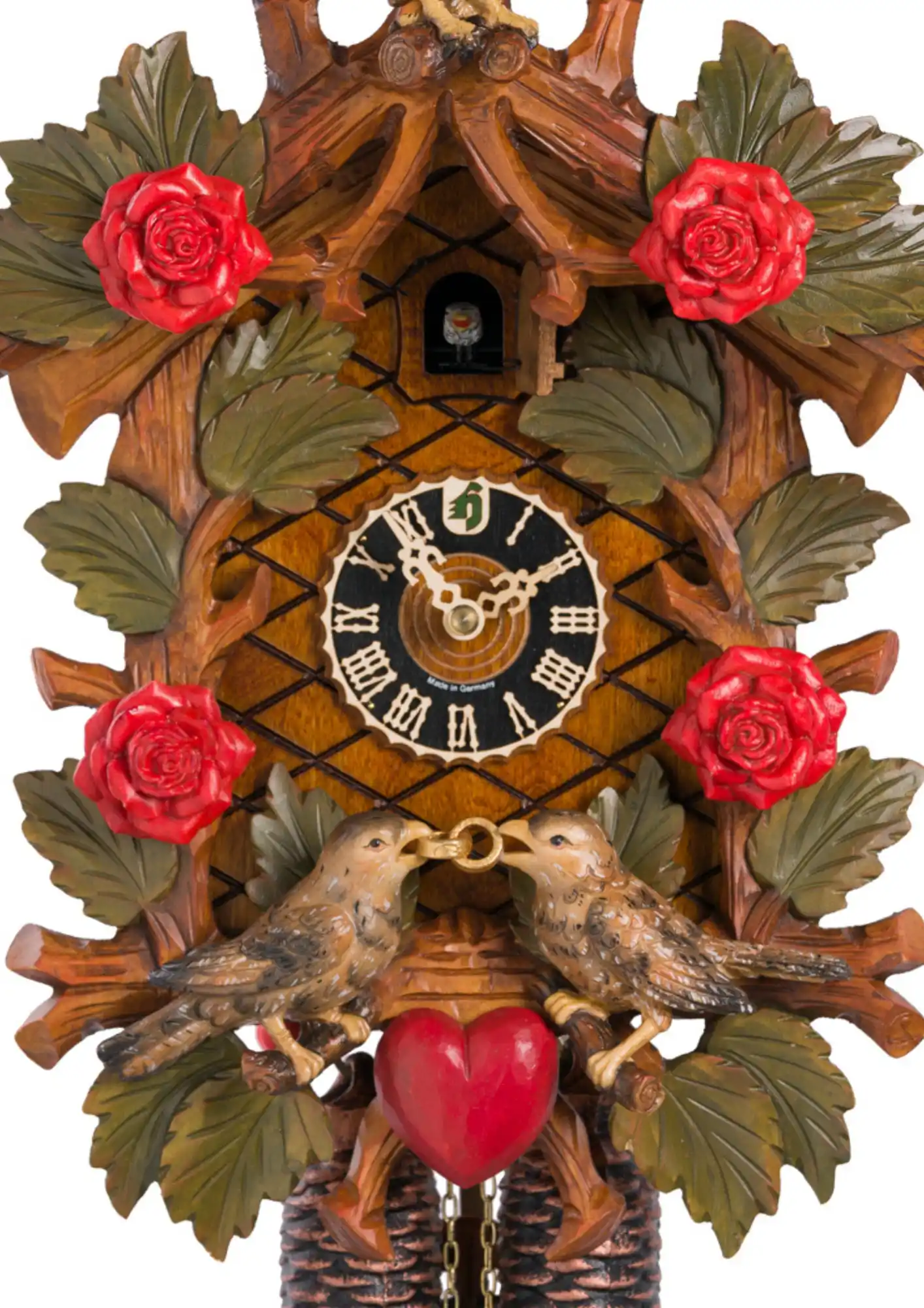 Cuckoo Clock Wedding Clock 8 Day Movement (3) Limited edition colorful authentic Black Forest 8 day cuckoo clock. This handpainted masterpiece with its pretty hand carved red roses, heart and two love birds holding the rings makes a perfect engagement or a wedding present.