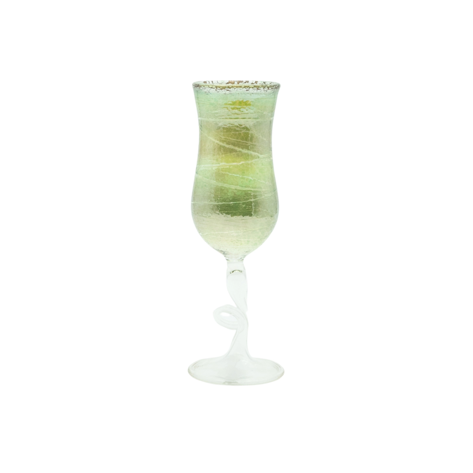Artistic green fine liqueur glass from the Hell Valley set, handmade by our glassblower in our very own glassmanufactory in the Black Forest Hofgut Sternen