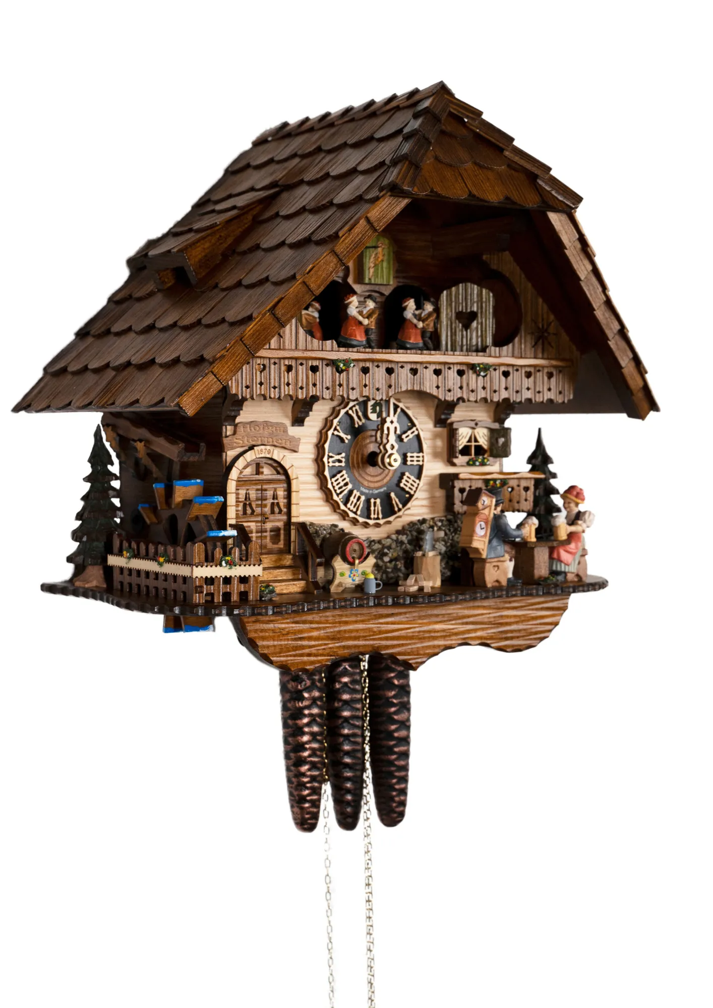 Cuckoo Clock Hofgut Sternen 1 Day Movement with Music (2) Lovely black forest mechanical cuckoo clock with a beer a black forest lady in tradtional dress together with cuckoo clock salesman drinking a beer in front of the chalet house that carries our name Hofgut Sternen. As the music plays they hit beer steins