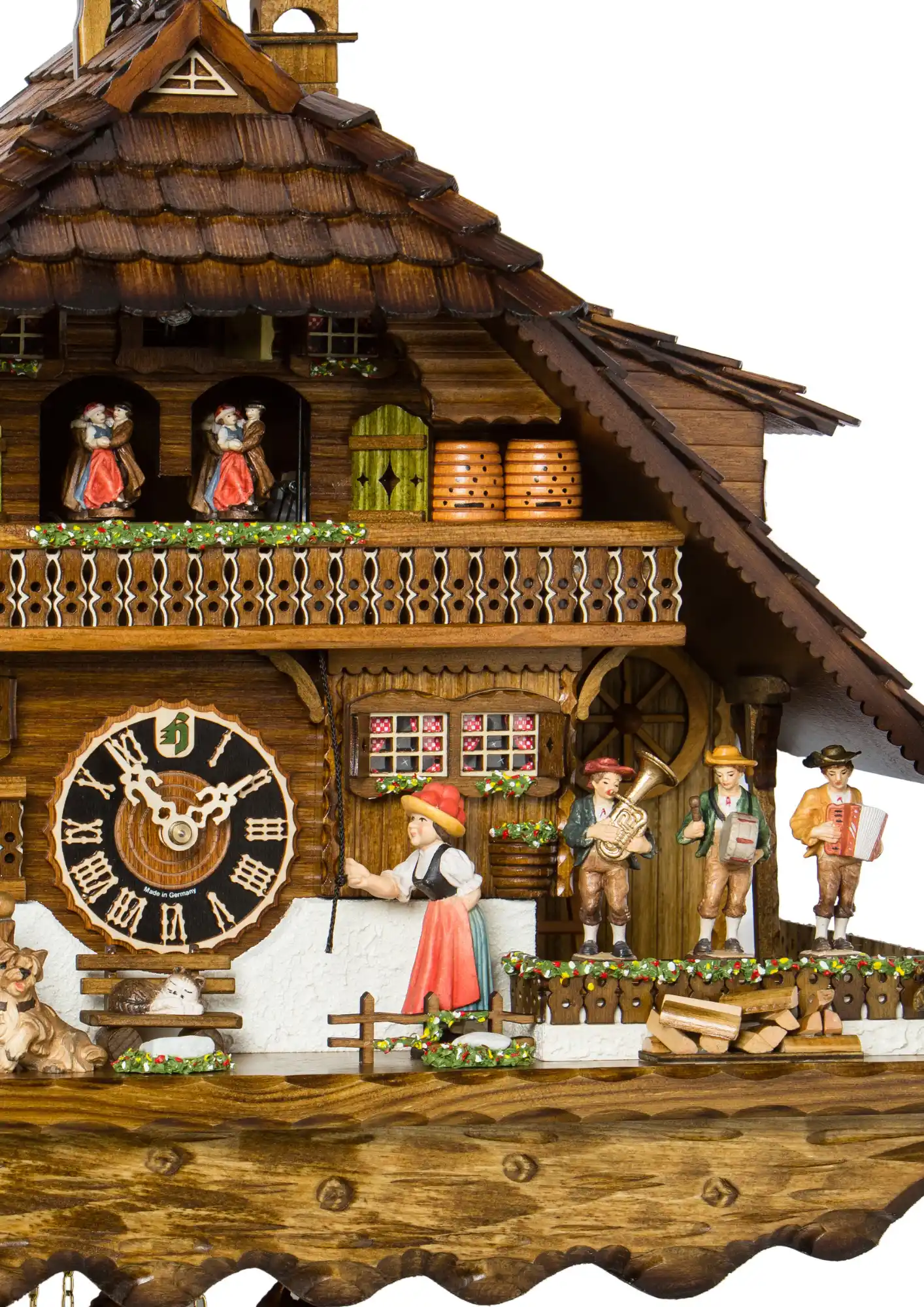 Cuckoo Clock Party Bell Ringer 8 Day Movement with Music (3) In this mechanical 8 day cuckoo clock, we see a Black Forest lady wearing traditional dress and "Bollenhut", ringing a bell, calling her neighbors to join her and the Black Forest band at an evening party. Every time cuckoo strikes the Black Forest lady i