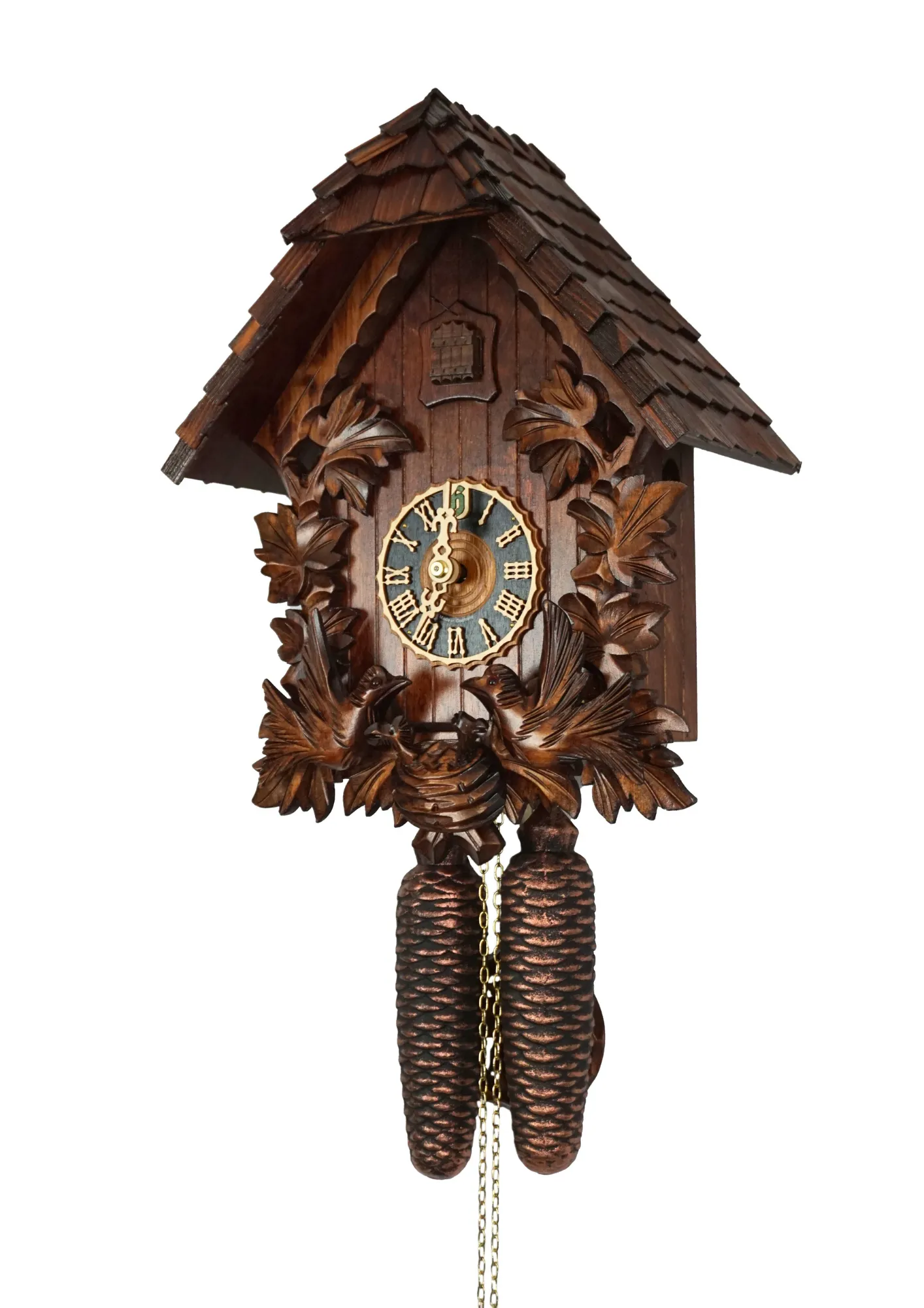 Hand carved mechanical 8 days black forest cuckoo clock with unusual design, while the frame is decorated in traditional style, the roof is covered in shingles. Two birds at the front are moving every time cuckoo comes out and feeding the offspring in the