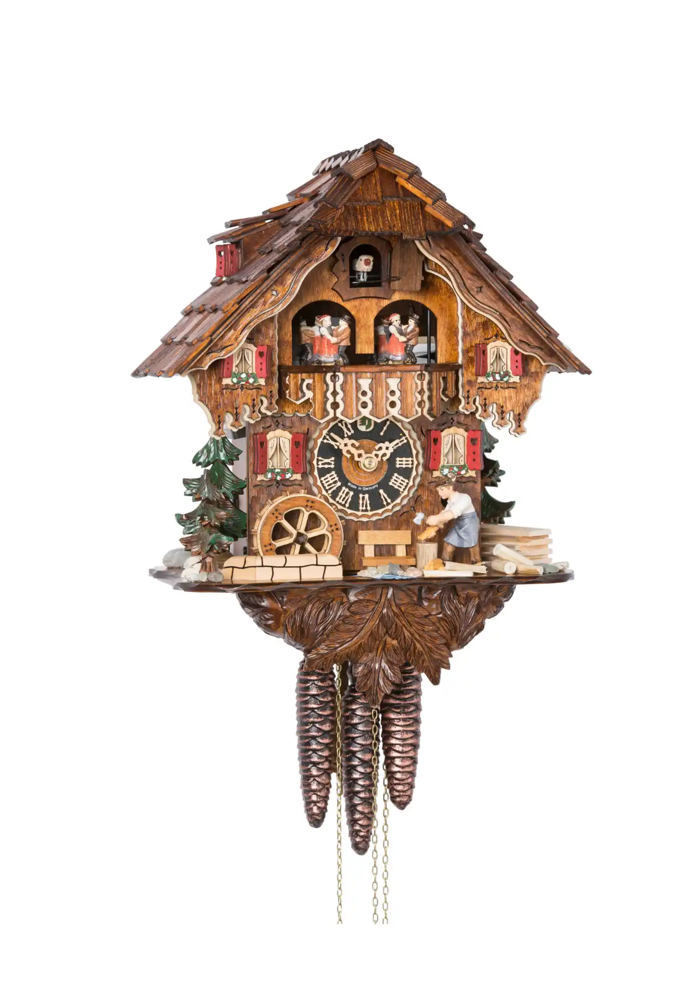 Chalet style cuckoo clock, with solid base and unusual red-painted shutters. Not only is the roof eye-catching, but upon having a closer look, it is easy to spot very precise carvings on the balcony, pendulum, and even on the cuckoo door! The clock also s