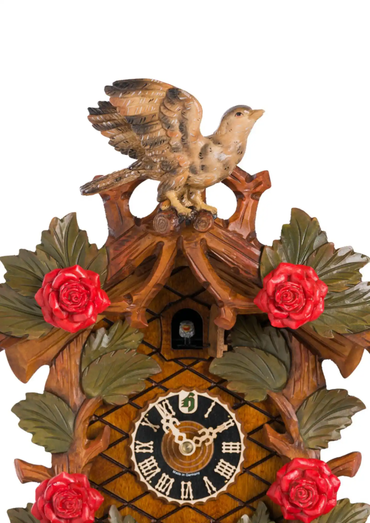 Cuckoo Clock Wedding Clock 8 Day Movement (2) Limited edition colorful authentic Black Forest 8 day cuckoo clock. This handpainted masterpiece with its pretty hand carved red roses, heart and two love birds holding the rings makes a perfect engagement or a wedding present.