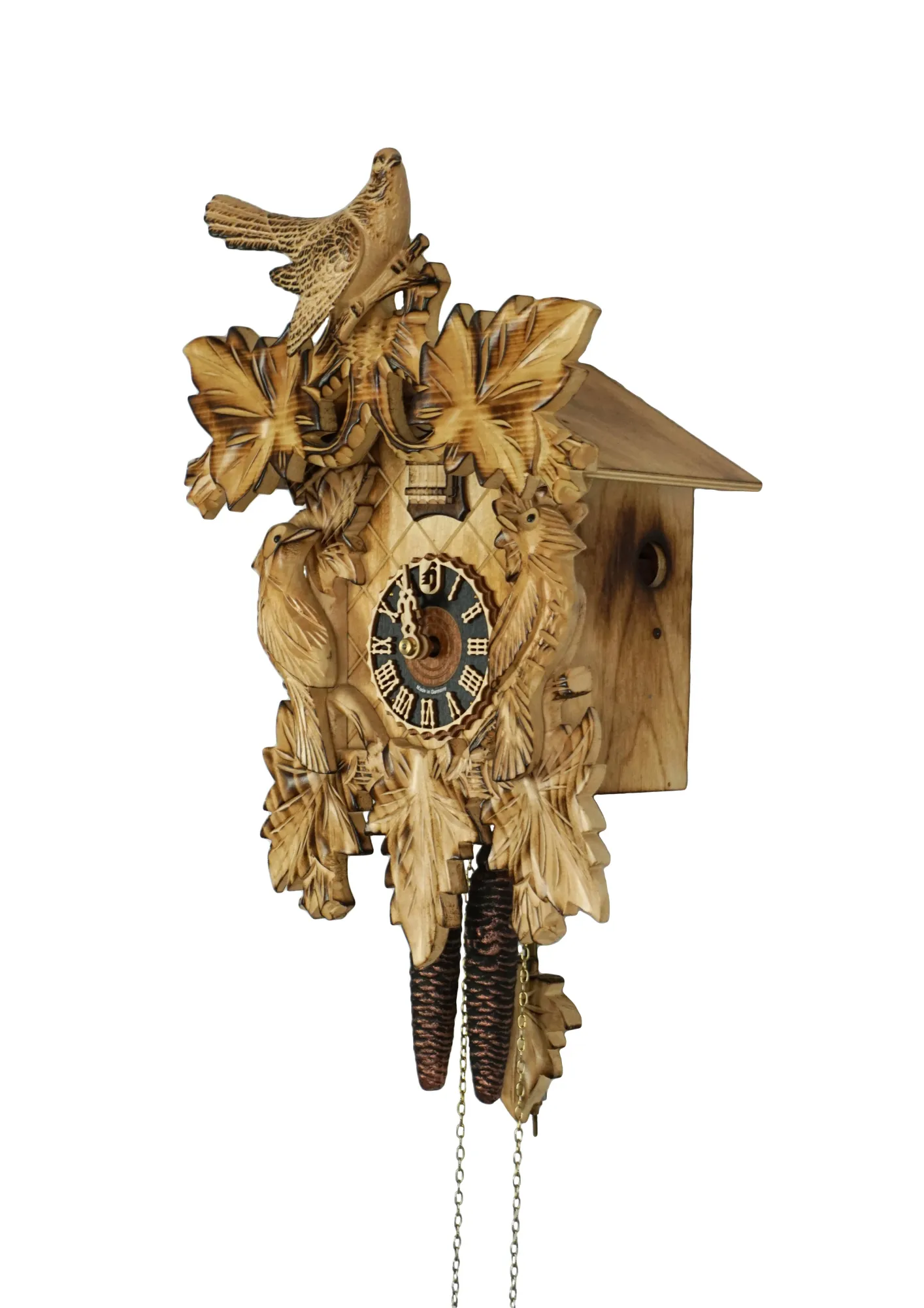 Unusual original hand carved authentic black forest cuckoo clock in natural color of the wood with three birds one day movement made by Hönes