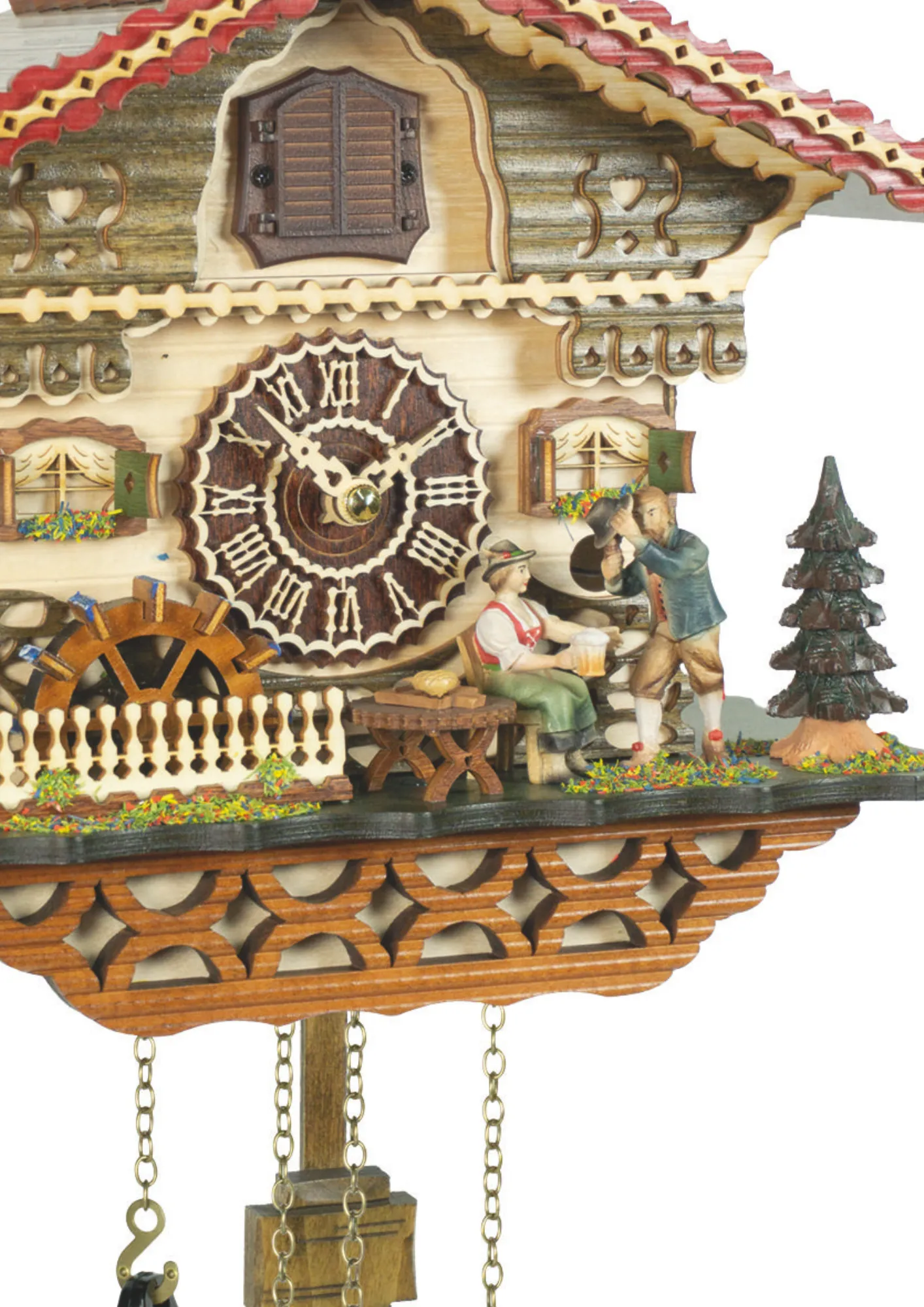 This chalet-style cuckoo clock shows a couple meeting to enjoy a mug of gool-ol' Black Forest beer plays music made by Trenkle Uhren
