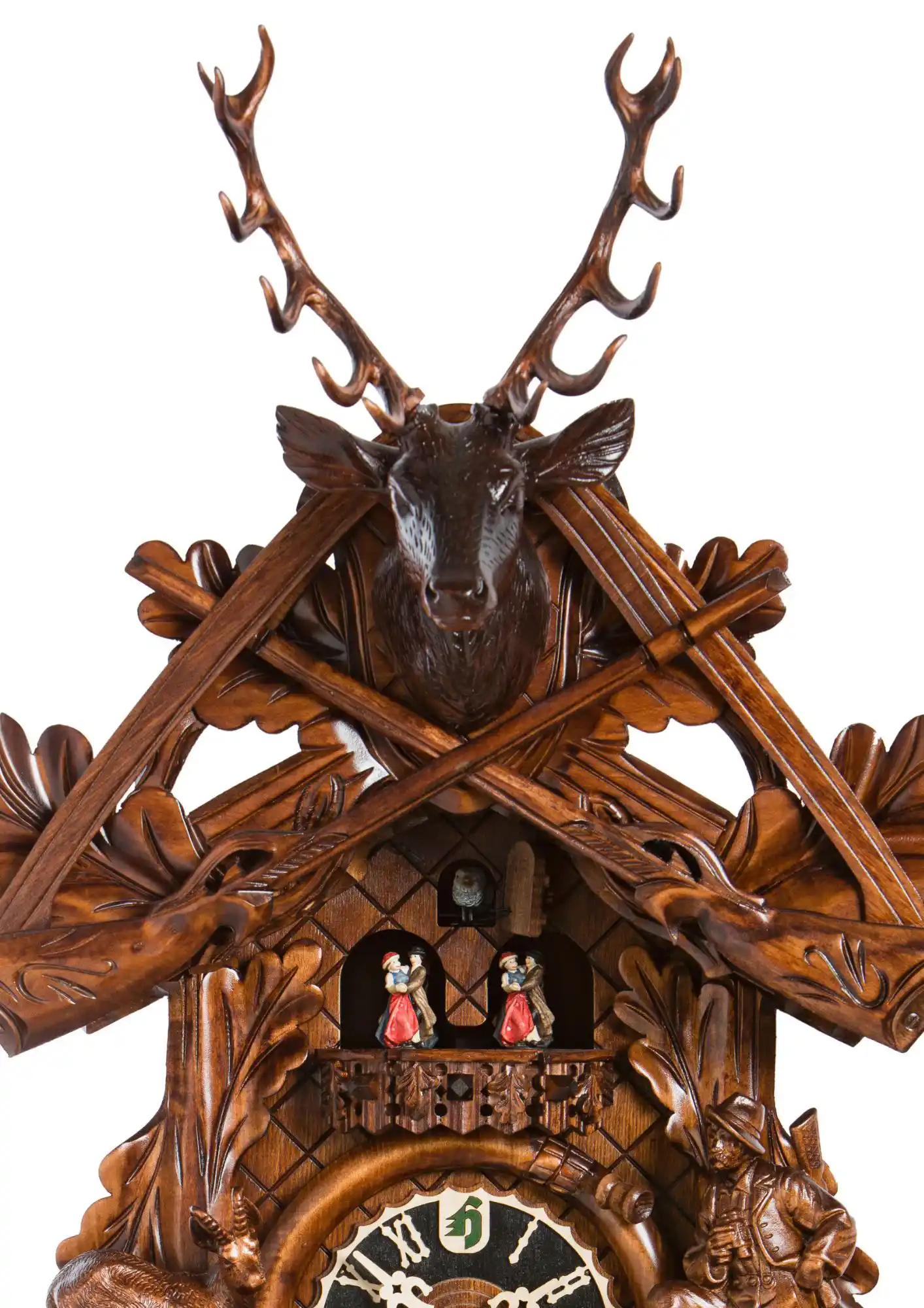 Cuckoo Clock Hunting 8 Day Movement with Music (2) This detailed mechanical authentic hunting clock is hand carved to the finest detail, shwoing a hunter staring down a Black Forest hare, bouncing in this direction. Most noticable details are hunters gun, his dog and the binoculars as well as the hounting