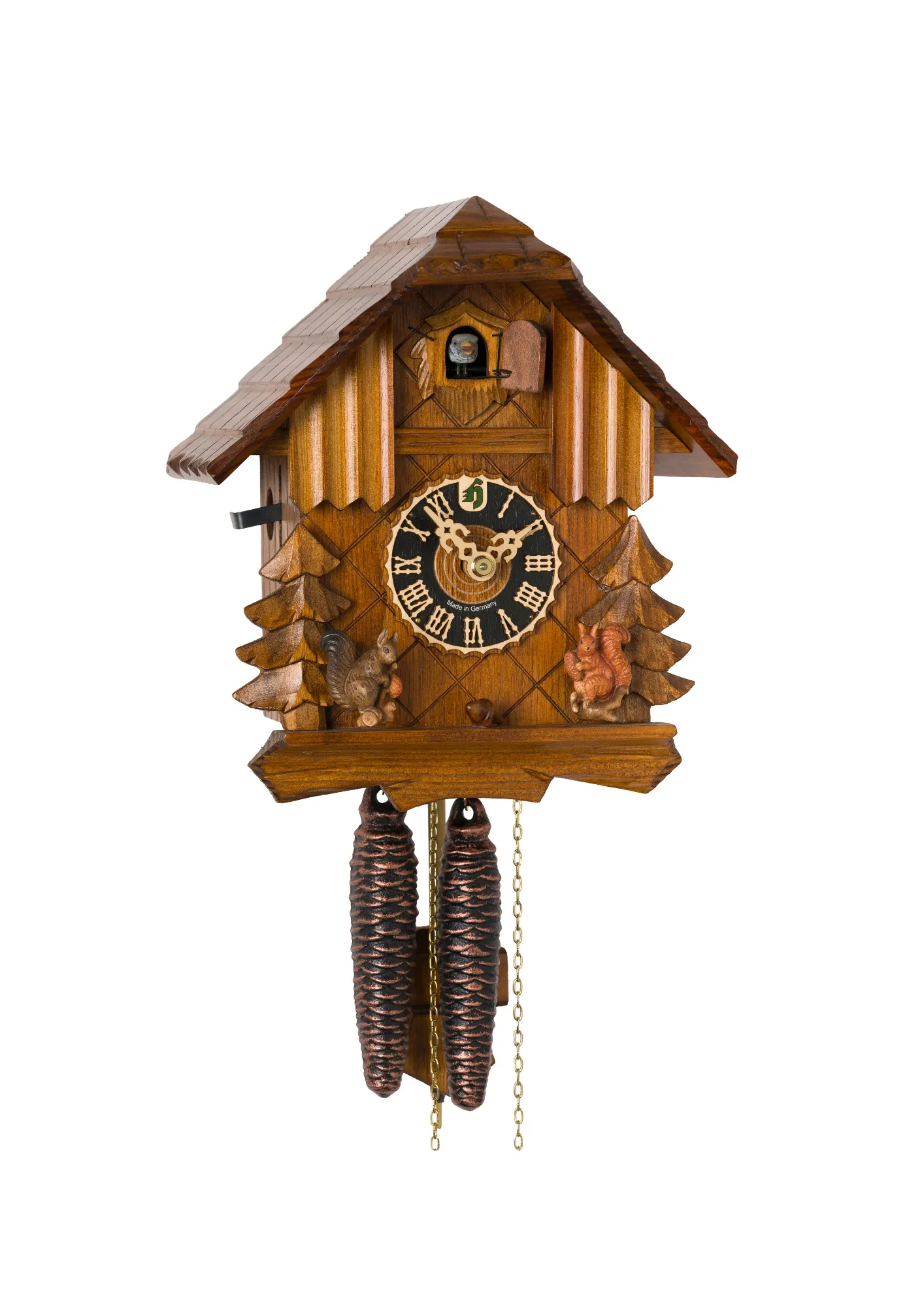 Cuckoo Clock Squirrels on the Hunt 1 Day Movement (1) This adorable little brown mechanical black forest cuckoo clock shows two squirrls scurrying about the forest and the hut, collecting nuts. The squirrels move with the sound of the cuckoo