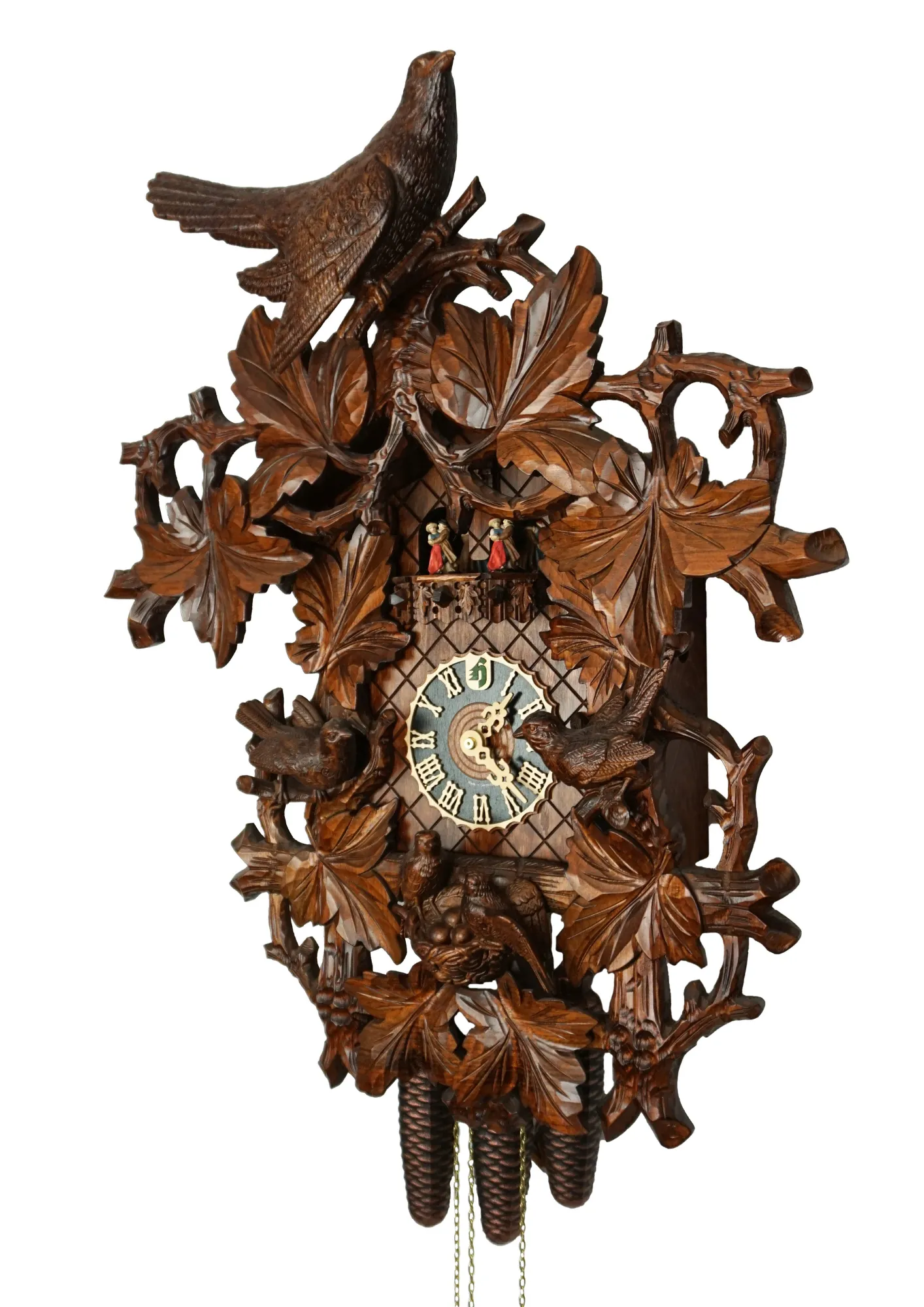 Cuckoo Clock Birds Nest 8 Day Movement with Music (2) Authentic lager mechanical 8 day brown traditional black forest cuckoo clock hand carved to the finest detail. Decorated with five bird carvings and their nest with the offspring, this clocks represents the brid nest and wildlife in Black Forest. Made by