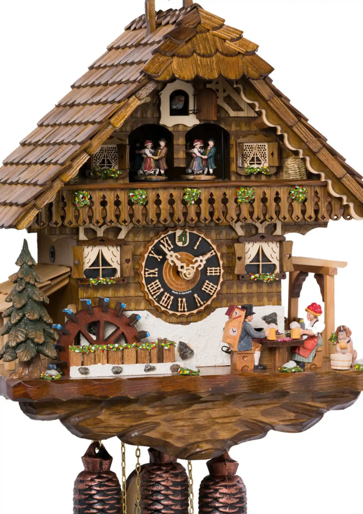 Cuckoo Clock Black Forest Beer Garden 8 Day Movement with Music (2) Large colorful mechanical 8 day black forest cuckoo clock shows a cuckoo clock salesman and Black Forest lady in traditional dress with "Bollenhut" relaxing and drinking a good ol' mug of beer in the beer garden after a long day's work. Dancers dance, wat