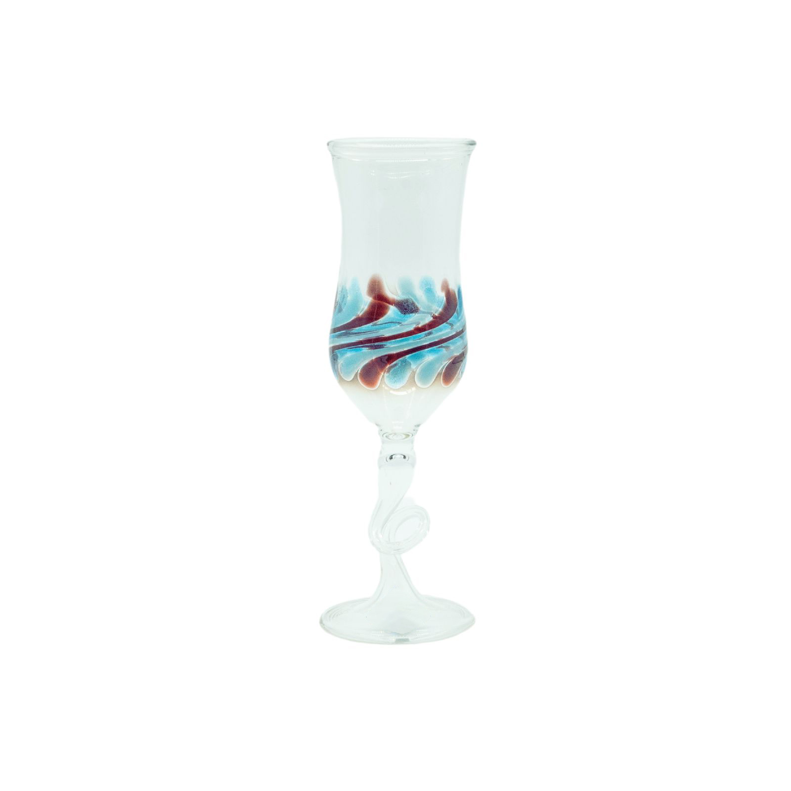 Artistic torquise fine liqueur glass from the Ravenna set named after famous Ravenna Gorge, handmade by our glassblower in our very own glassmanufactory in the Black Forest Hofgut Sternen
