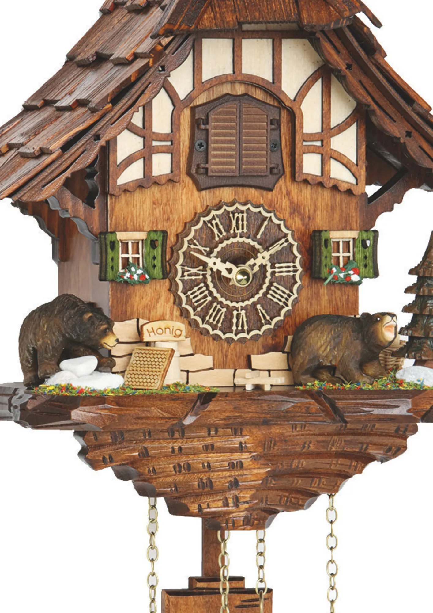 Chalet charming cuckoo clock with two brown bears in front of the Black Forest hut eating honey plays music made by Trenkle Uhren