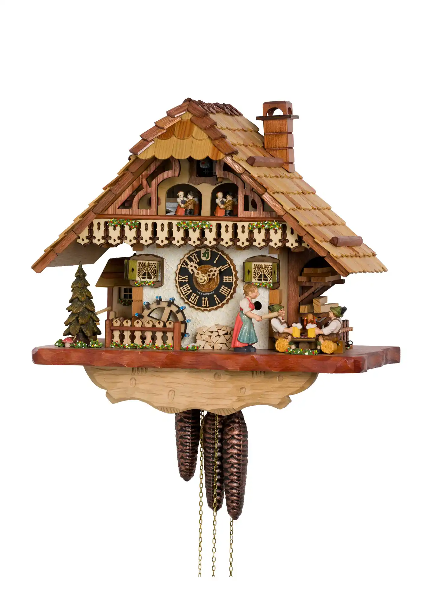 This Black Forest cuckoo clock is something special, indeed! Made to resemble a typical German „Biergarten,“ it shows two figures in typical Lederhosen outfits enjoying (perhaps too much) a few mugs of beer. The barmaid standing in the back of them hits t