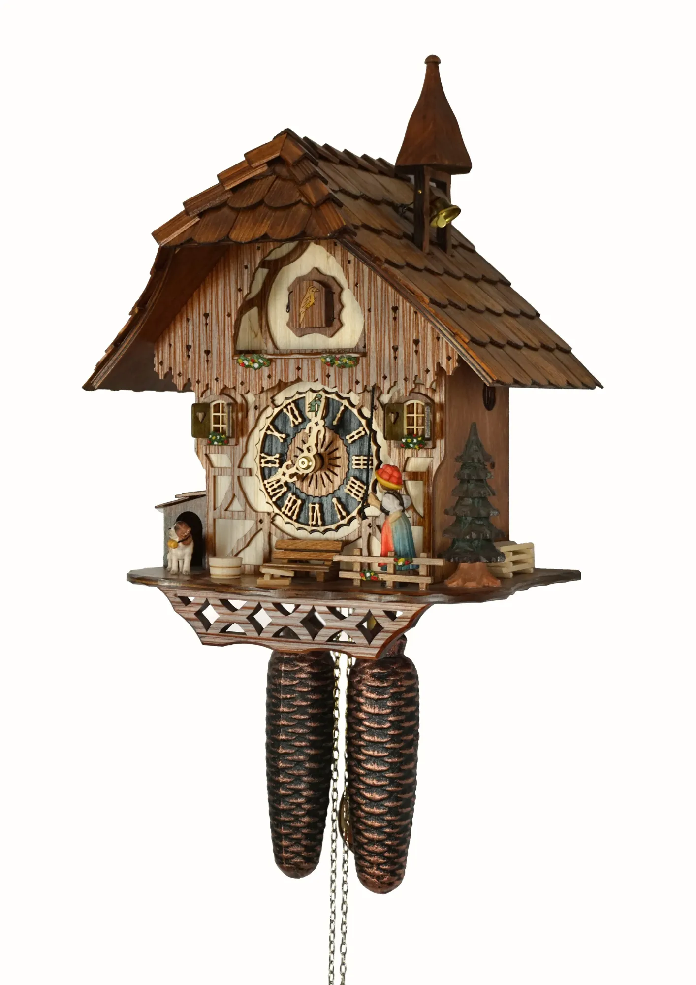 Chalet authentic black forest cuckoo clock with a bell ringer lady wearing traditional black forest dress and the red bolenhut, which means she is single lady. Black bolenhut represent married ladies. Colorful made by Hönes