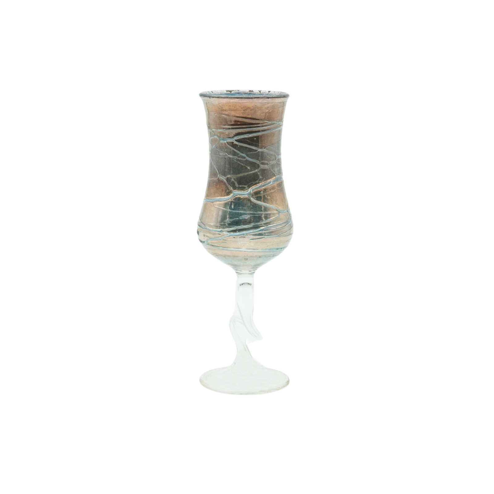 Artistic blue fine liqueur glass with s stem from the Hell Valley set, handmade by our glassblower in our very own glassmanufactory in the Black Forest Hofgut Sternen