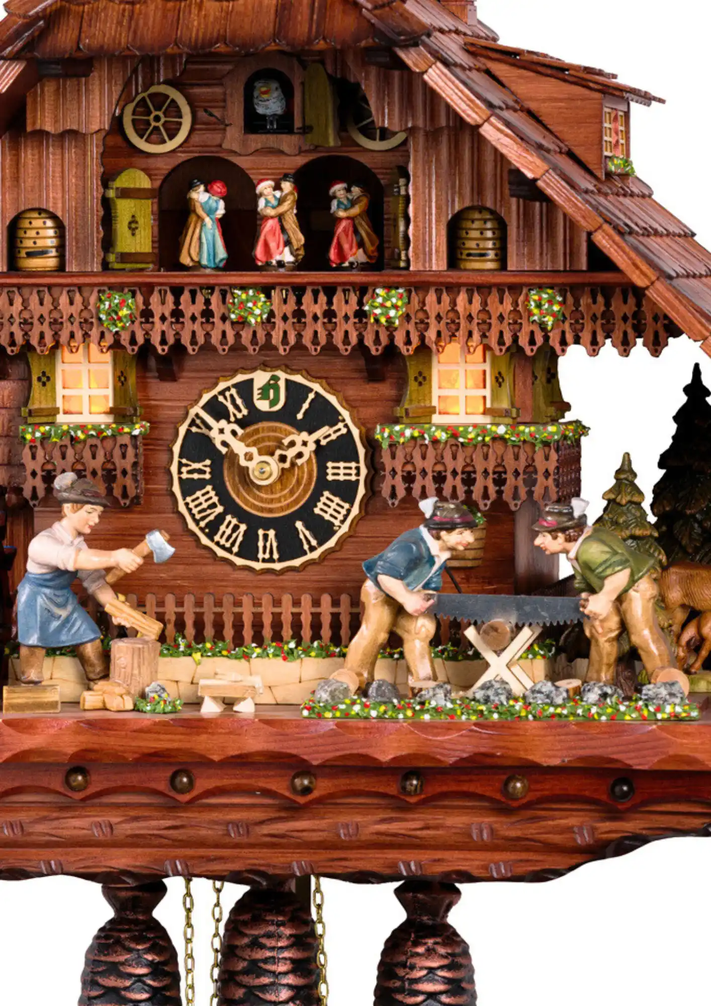 Cuckoo Clock Black Forest Woodworks 8 Day Movement with Music (2) This intricate mechanical 8 day cuckoo clock with a lots of movement, shows a group of men working hard at their Black Forest farm, preparing the wood for various items that are going to be made out of it. Black Forest is most known for its woodworks and